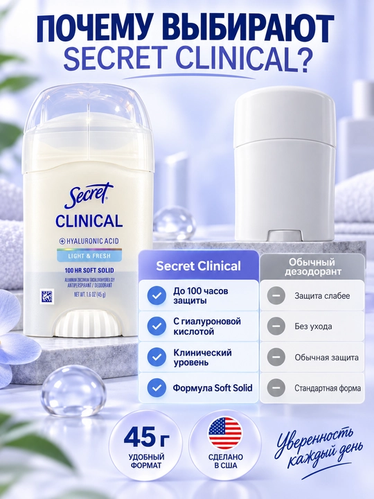 Aнтиперспирант Secret Clinical Light & Fresh, кремовый, 45 г