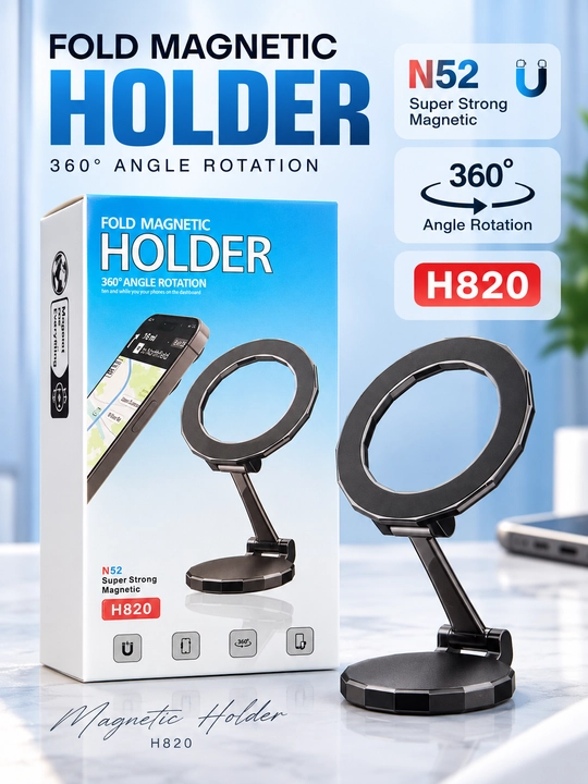 Telefon uchun H820 magnitli ushlagich, buklanadigan, 360° aylanishli, qora rang, stol usti - 
