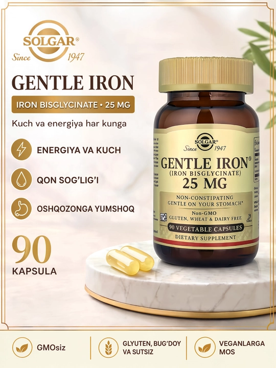 Solgar Gentle Iron 25 mg, kundalik ratsion uchun temir, 90 ta o‘simlik kapsulasi