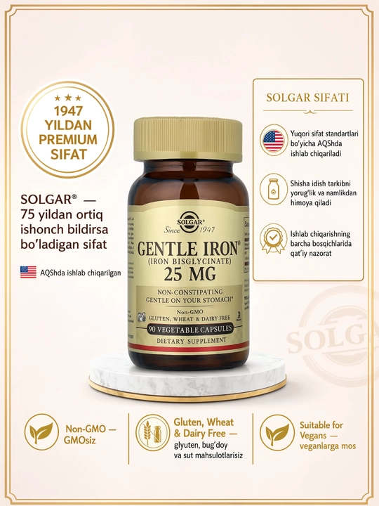 Solgar Gentle Iron 25 mg, kundalik ratsion uchun temir, 90 ta o‘simlik kapsulasi