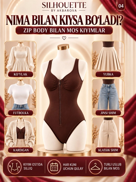 Zip bodi, qomatni korreksiyalovchi va shakllantiruvchi effekt, Akbarova Xonzoda