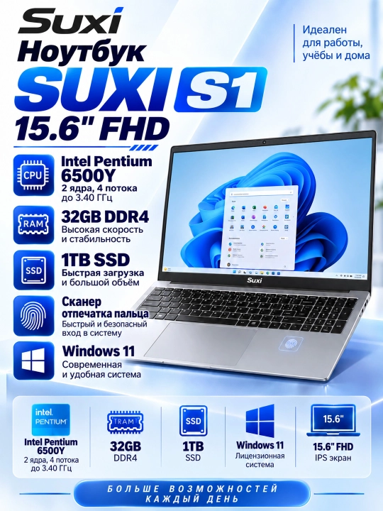 Noutbuk Suxi S1 15.6" FHD, Intel Pentium 6500Y, RAM 32GB, SSD 1TB,Barmoq izi skaner,Win 11 - 