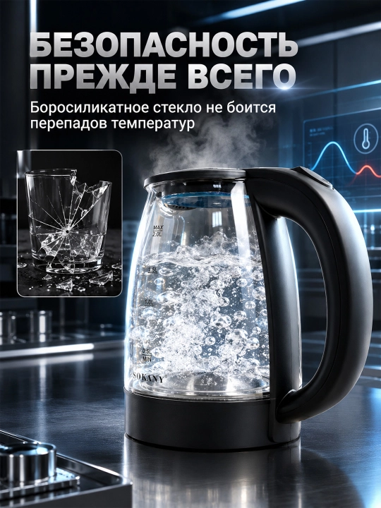 SK-SH-1097 Shisha elektr choynak 2 l, 1500 Vt, quruq ishlashdan himoya, 360° taglik