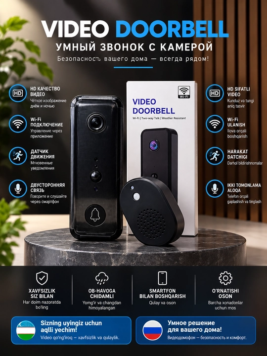 Smart Doorbell Умный Видеодомофон, 2K HD, Wi-Fi, Ночное Видение - 