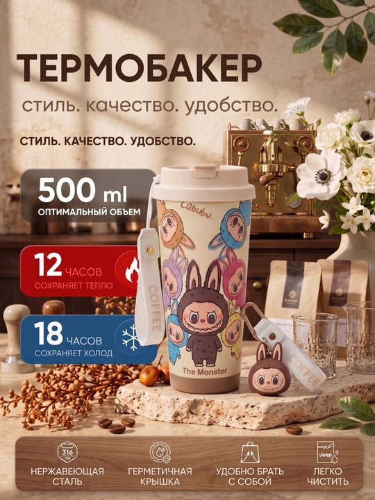 Термокружка с трубочкой и ремешком, универсальный термостакан для напитков с крышкой - 