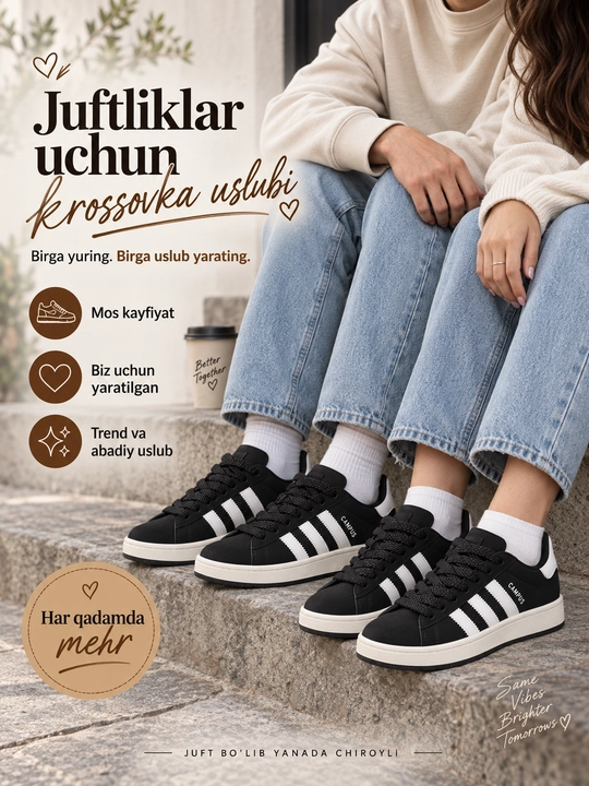 Qora-oq kundalik krossovka, bog‘ichli past model, ayollar va erkaklar uchun - 