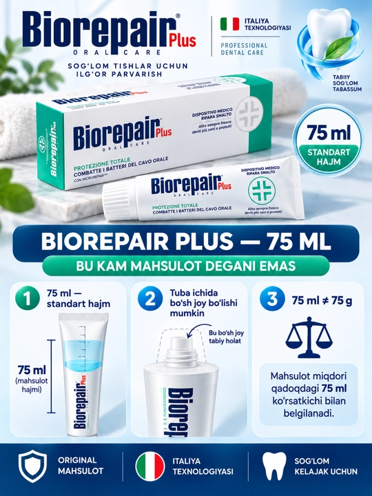 Biorepair Plus tish pastasi, emal va milk parvarishi, ftorsiz, 75 ml