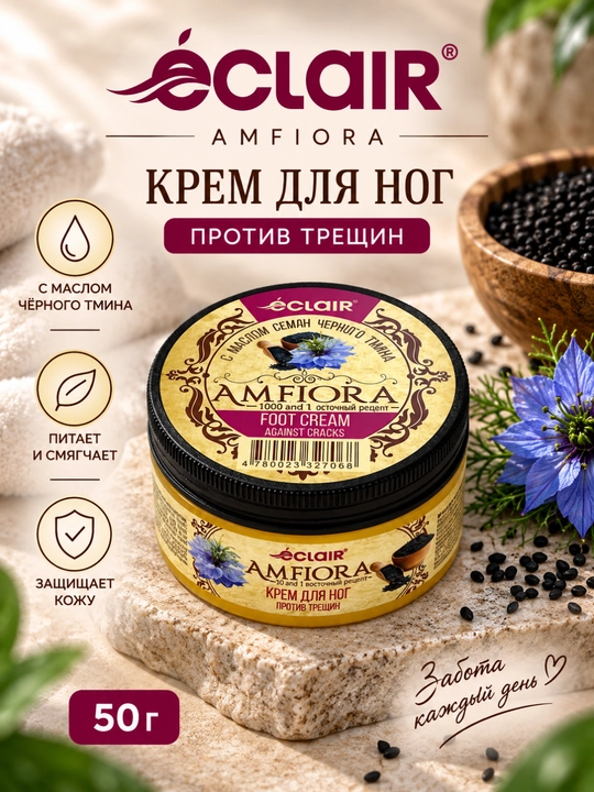 ECLAIR AMFIORA Yoriqlarga qarshi oyoq kremi - qora zira yog‘i, shi yog‘i va E vitamini bilan - 