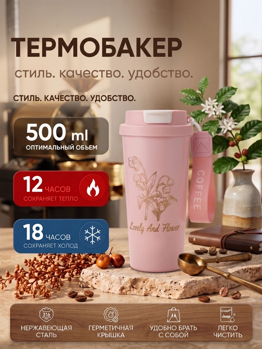 Термокружка с трубочкой и ремешком, универсальный термостакан для напитков с крышкой - 