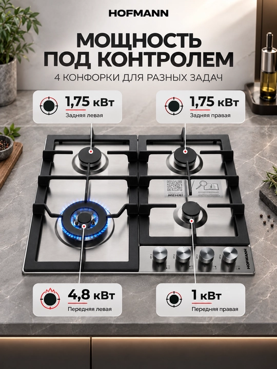 Варочная панель Hofmann CTBS641ATIX/HF, энергоэффективная, газовая