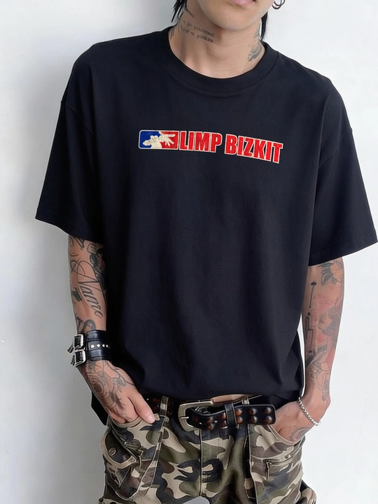 LMBYT qora oversayz futbolkasi, Limp Bizkit rok printi bilan