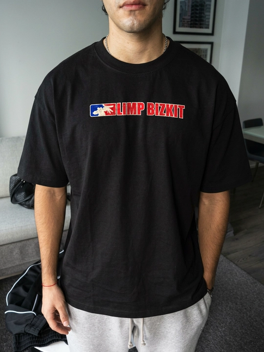 LMBYT qora oversayz futbolkasi, Limp Bizkit rok printi bilan