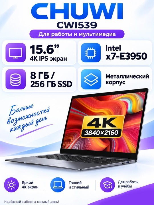 Ноутбук CHUWI 15.6″ 4K IPS, Intel 8/256ГБ SSD, металлический корпус