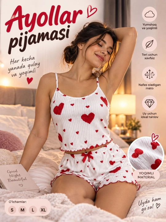 Ayollar pijamasi shortikli, uy uchun kiyim komplekti - 