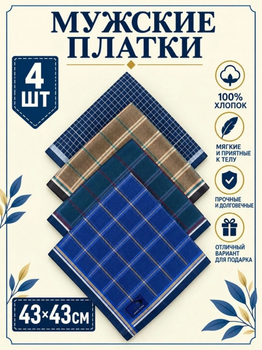 Современные мужские носовые платки, 100% хлопок, набор 2, 3, 4 шт - 