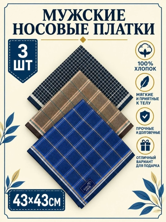 Современные мужские носовые платки, 100% хлопок, набор 2, 3, 4 шт