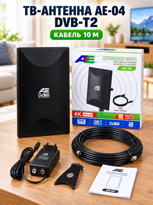 AE-04 DVB-T2 faol televizor antennasi,xona va tashqi o‘rnatish uchun,10m kabel,va adapter - 