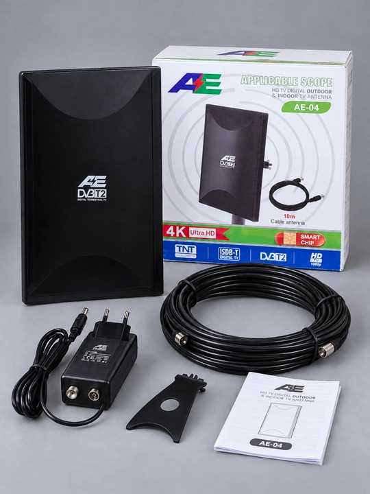 AE-04 DVB-T2 faol televizor antennasi,xona va tashqi o‘rnatish uchun,10m kabel,va adapter