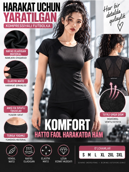 Ayollar kompression futbolkasi sport va fitnes uchun qomatni tortuvchi termo top, yengil