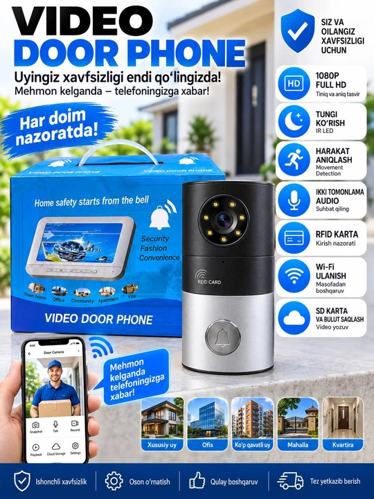 TUYA Simsiz aqlli videointerfon Wi-Fi va RFID,1080P Full HD,tungi ko'rish,harakat datchigi - 