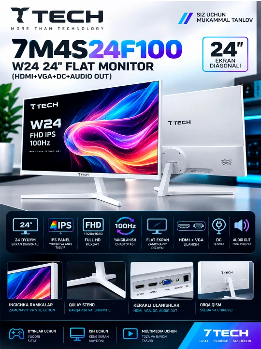 Monitor 7TECH  7M4S24F100 W24 24" FLAT FHD IPS 100Hz (HDMI+VGA+DC+AUDIO OUT) oq rangda - 