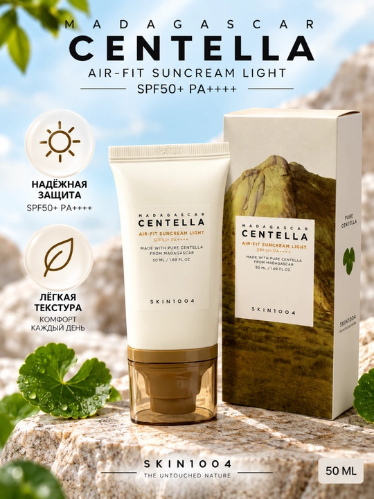 KIN1004 MADAGASCAR CENTELLA AIR-FIT SPF50+ PA++++ — yuz uchun yengil quyosh himoya kremi