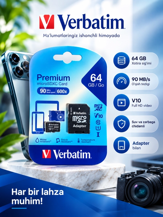 Verbatim Premium 64GB microSDXC UHS-I U1 V10 Class 10 с адаптером - 