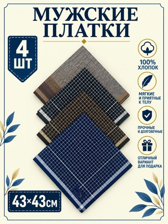 Современные мужские носовые платки, 100% хлопок, набор 2, 3, 4 шт - 