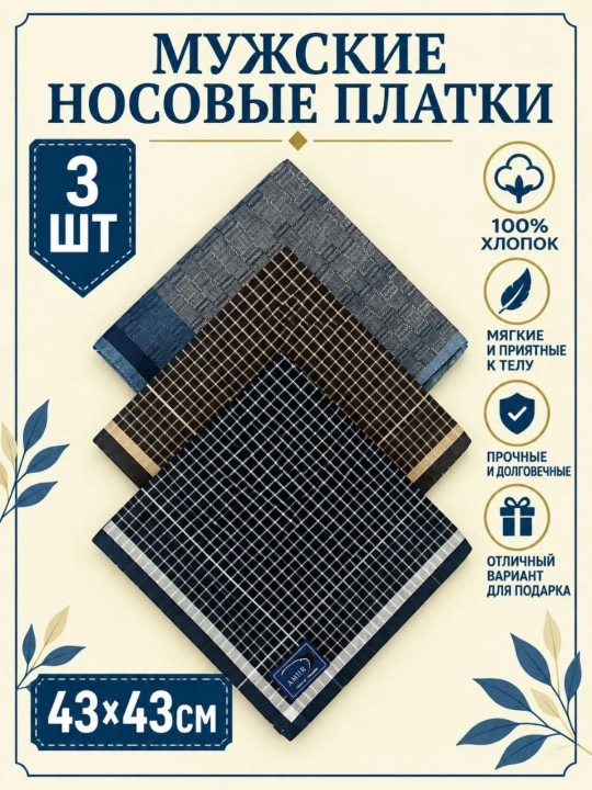 Современные мужские носовые платки, 100% хлопок, набор 2, 3, 4 шт