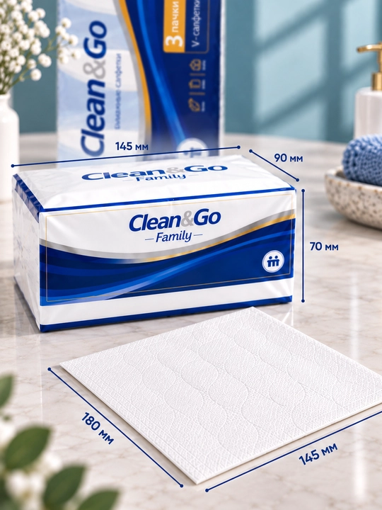 Clean&Go bir martalik salfetkalari,225 dona, 6 qatlamli, qol va tana uchun, tozalash uchun