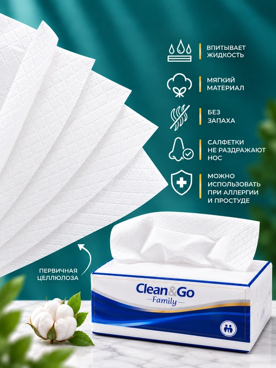 Clean&Go bir martalik salfetkalari,225 dona, 6 qatlamli, qol va tana uchun, tozalash uchun