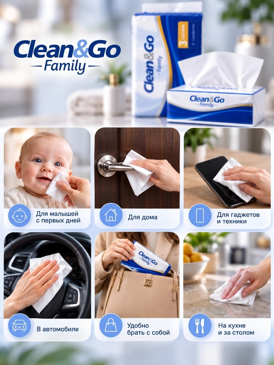 Clean&Go bir martalik salfetkalari,225 dona, 6 qatlamli, qol va tana uchun, tozalash uchun