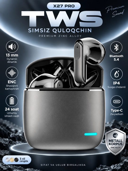 X27 Pro TWS беспроводные наушники — Премиальный звук и металлический корпус - 