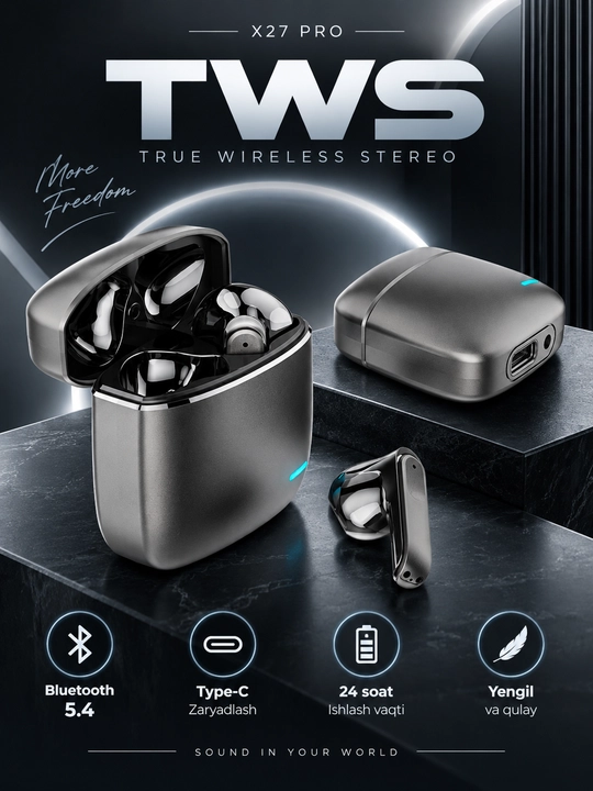 X27 Pro TWS simsiz quloqchinlar — Premium ovoz va metall korpus sensorli