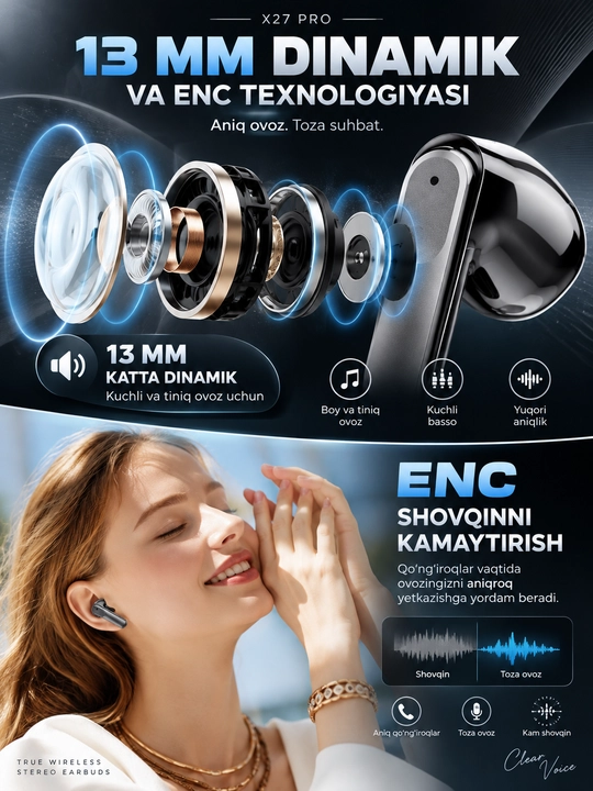 X27 Pro TWS беспроводные наушники — Премиальный звук и металлический корпус