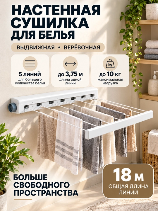 Devorga o‘rnatiladigan kir quritgich, hammom va balkon uchun, tortiladigan va buklanadigan