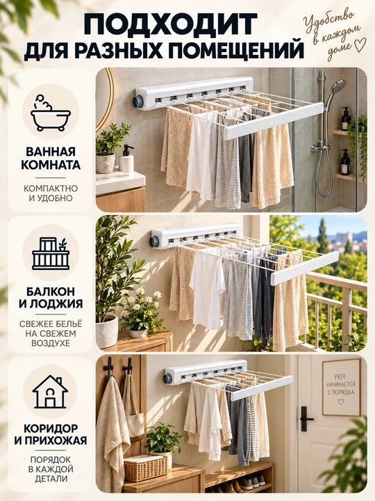 Devorga o‘rnatiladigan kir quritgich, hammom va balkon uchun, tortiladigan va buklanadigan