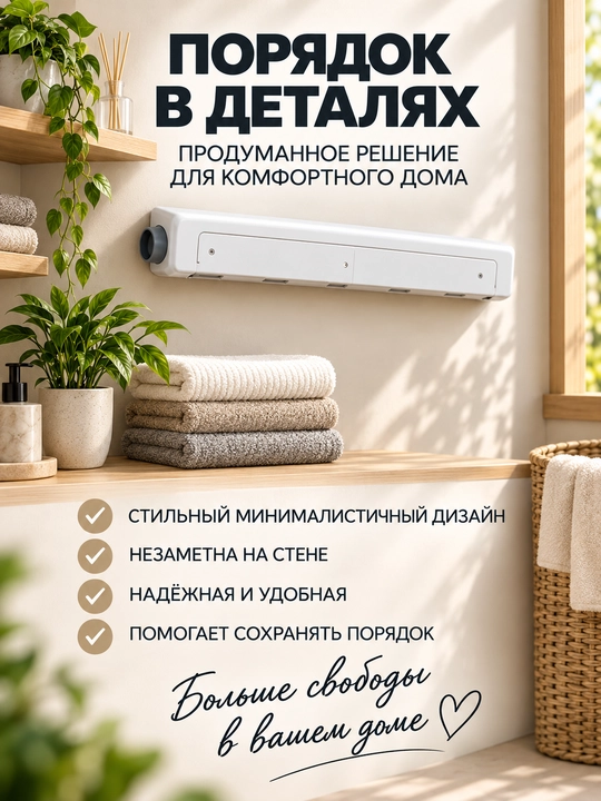 Настенная выдвижная сушилка для белья и одежды в ванную и на балкон, складная - 
