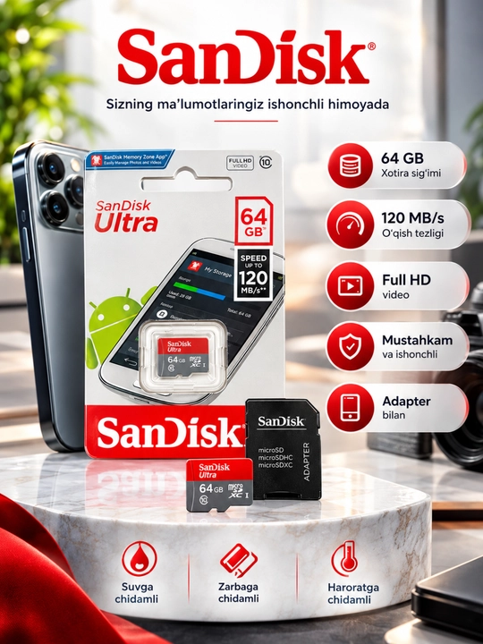 SanDisk Ultra 64GB microSDXC UHS-I A1 Class 10 xotira kartasi + adapter - 