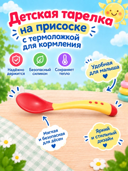 Детская тарелка для кормления, с термо-ложкой, на присоске, для первого прикорма