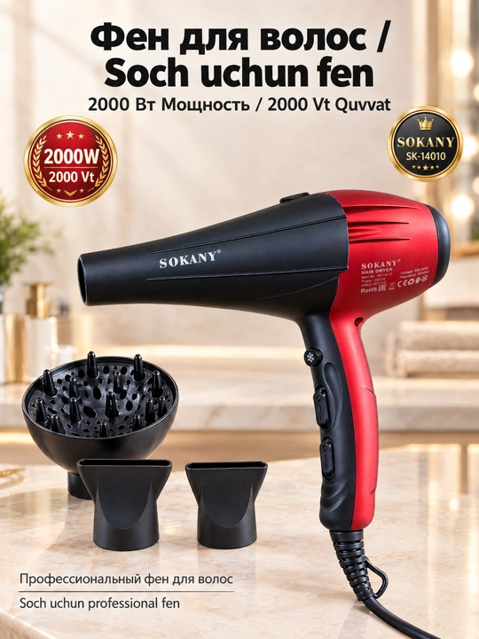 Профессиональный фен для волос SOKANY SK-14010, мощность 2000 Вт, 220-240 В - 