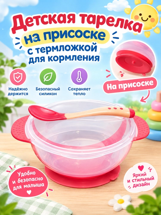 Детская тарелка для кормления, с термо-ложкой, на присоске, для первого прикорма - 