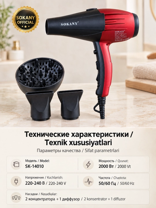 Профессиональный фен для волос SOKANY SK-14010, мощность 2000 Вт, 220-240 В
