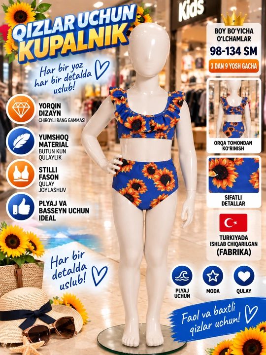 Ikki qismli gulli bolalar suzish kostyumi - 