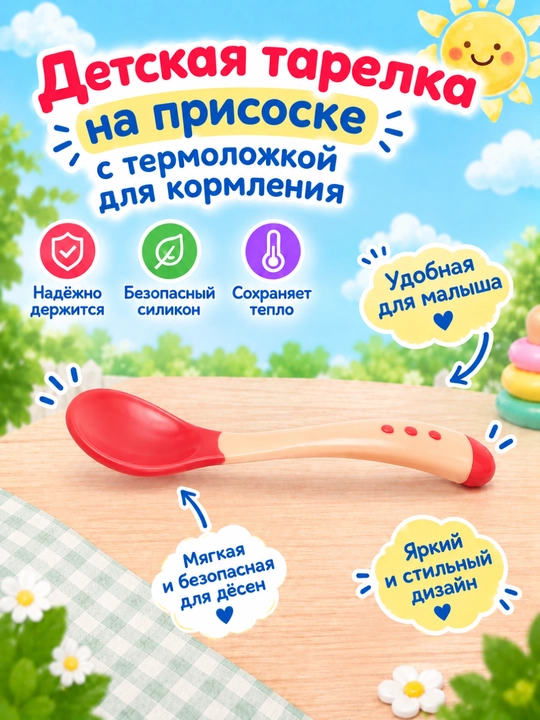 Детская тарелка для кормления, с термо-ложкой, на присоске, для первого прикорма