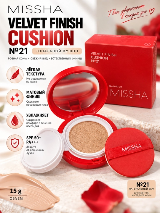 MISSHA Velvet Finish Cushion №21 tonal kushon, SPF 50+ PA+++, 15 g - 