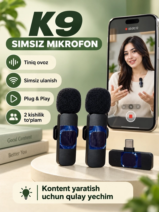 K9 simsiz petlichka mikrofon, 2 kishilik to‘plam, USB Type-C qabul qilgichli