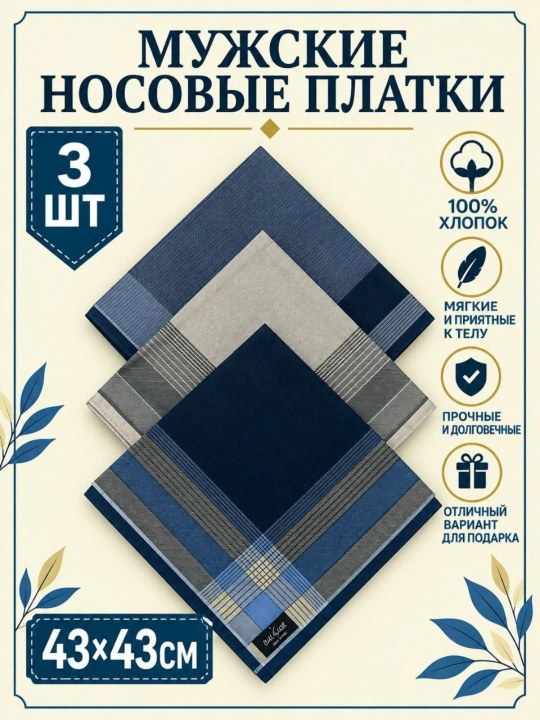Современные мужские носовые платки, 100% хлопок, набор 2, 3, 4 шт