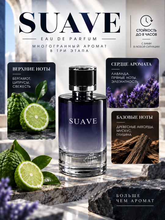 Bergamot, lavanda va yog‘ochsimon -mushkli ohanglarga ega parfyumeriya suvi Suave, 100 ml