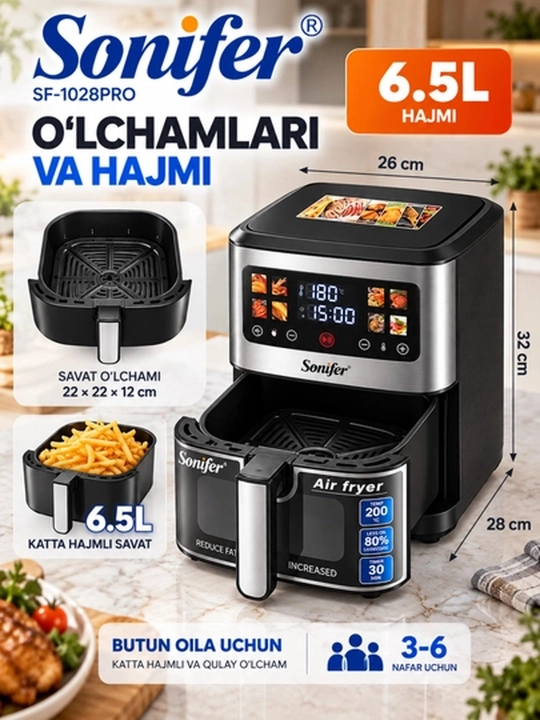 Aerogril Sonifer, air fryer friturnitsa, sensorli boshqaruvli issiq havo pishirgichi